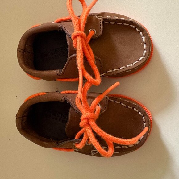 SPERRY TOPSIDERS BOAT DECK SHOES Toddler 2 Month Slip On Casual Comfort Orange - Picture 3 of 5
